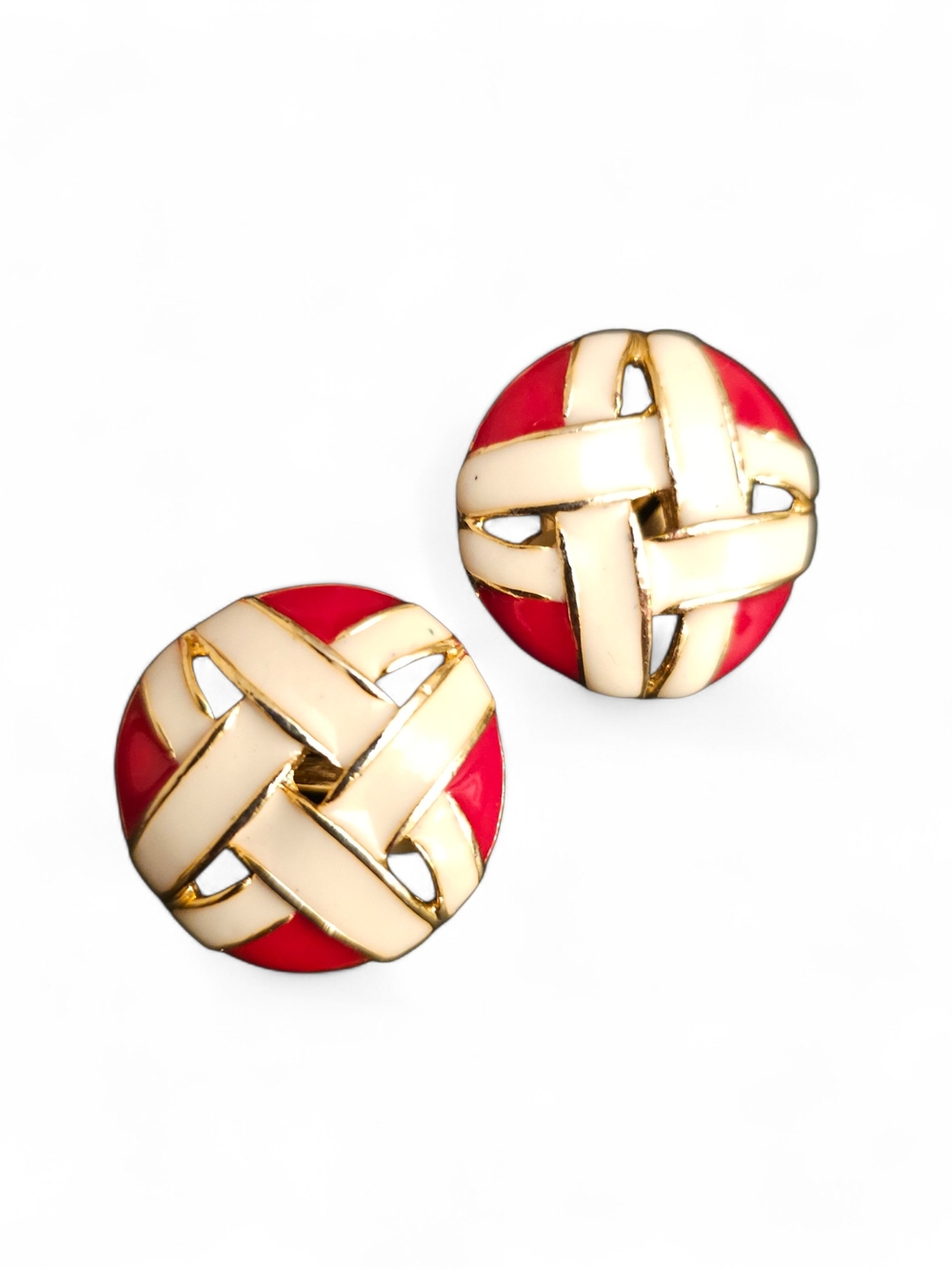 Gold-Tone Red & Cream Woven Knot Stud Earrings